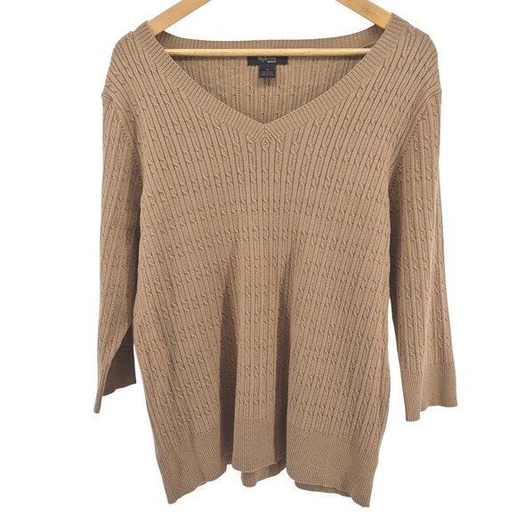 Style & Co. Sweaters - Style & Co Cable Knit V Neck Sweater Tan Plus Camel 2X Preppy Dark Academia